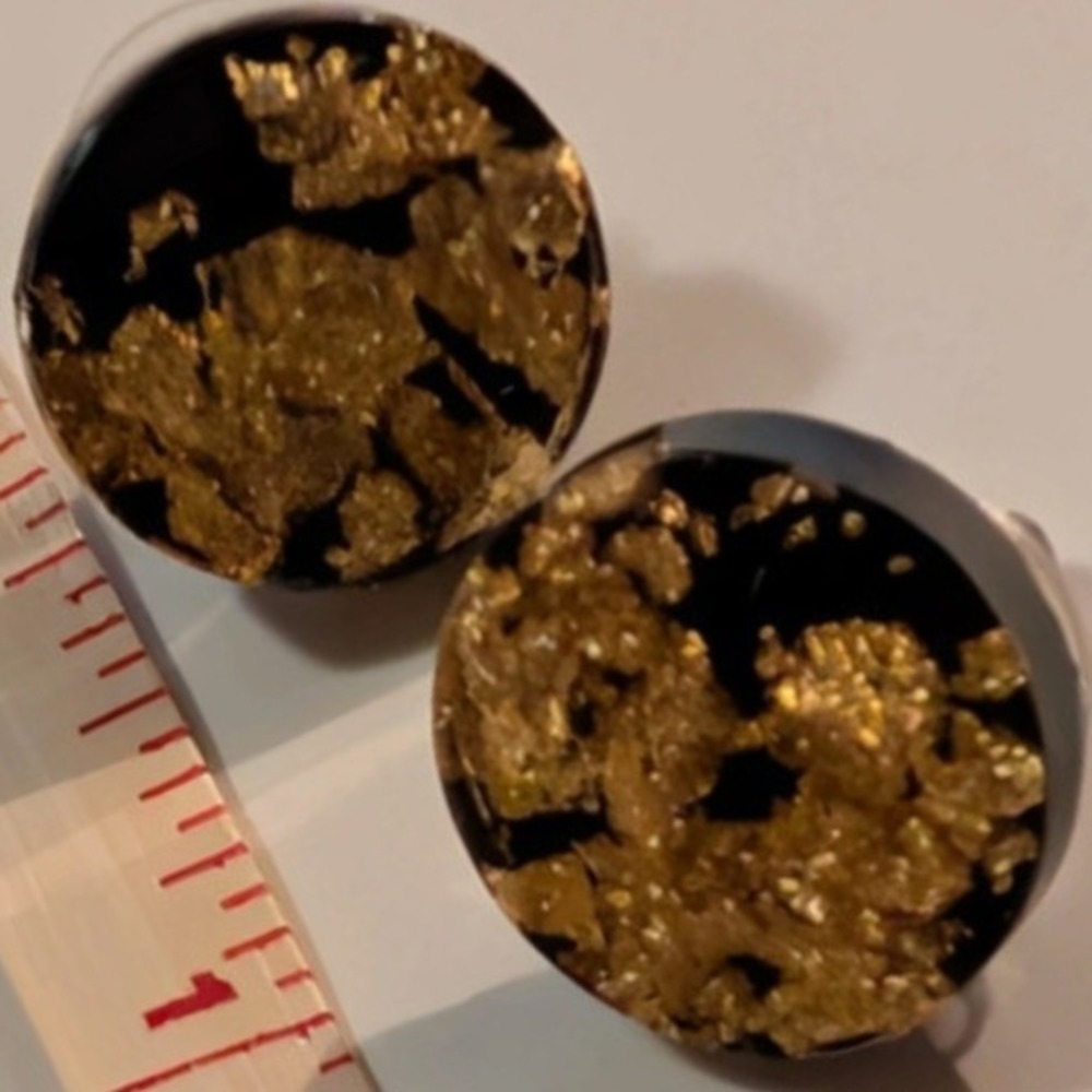 Handmade Black Resin Gold Flake Round Stud Earrings Minimalist Circular Jewelry